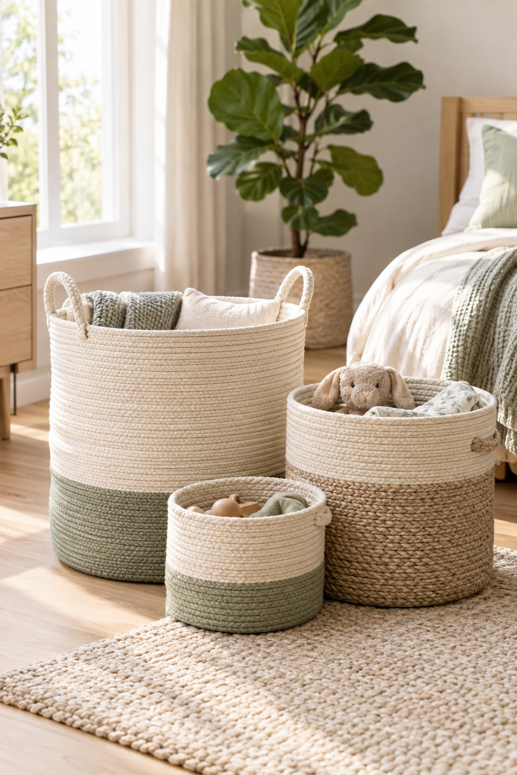 Cotton rope baskets in a warm minimalist interior
