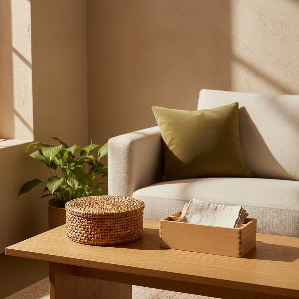 Square warm lifestyle photograph featuring a rattan basket and light wood desk organizer