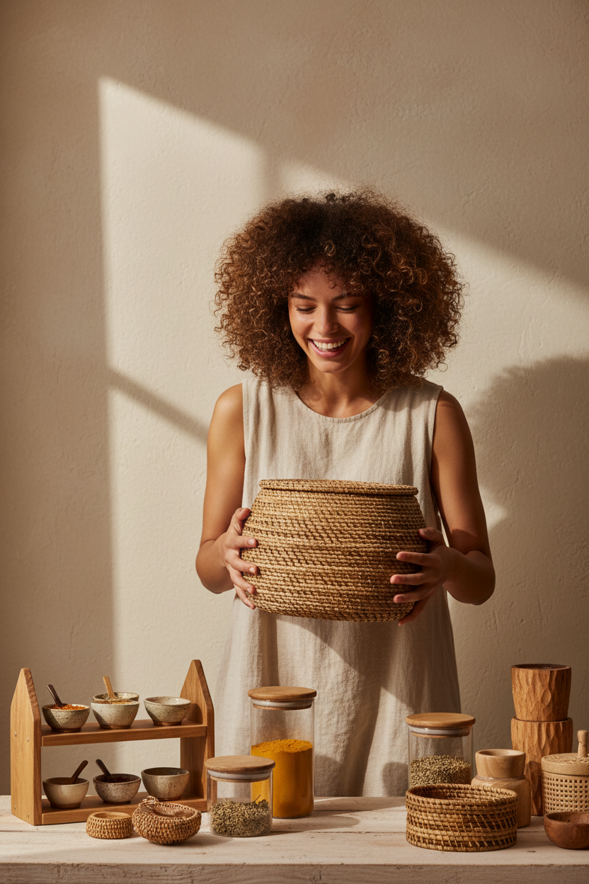 Warm lifestyle photograph of a woman holding a rattan basket
